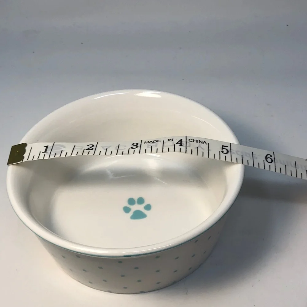 White and real Blue Polka Dot ceramic Pet Bowl teal paw print inside